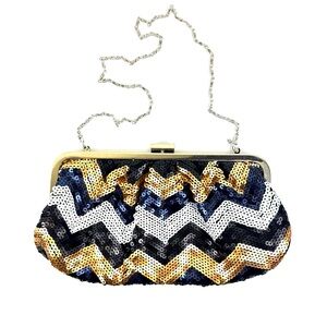Lulu Townsend chevron sequined clutch w silver chain. Black white navy & bronze